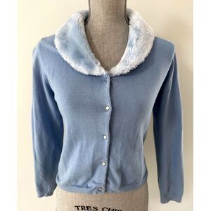 Children's Place Pastel Blue Cardigan Sweater with Faux Fur Collar Girls 12/14